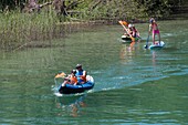 France, Savoie, Lake Bourget, Aix les Bains, Riviera of the Alps, canoe and paddle at the mouth of the canal de Savieres\n