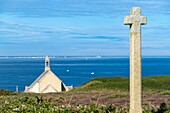 France, Finistere, Cleden-Cap-Sizun, Pointe du Van, Saint-They chapel and Sein island in the background\n