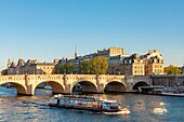 Frankreich, Paris, von der UNESCO zum Weltkulturerbe erklärtes Gebiet, Flugboot vor der Ile de la Cite und der Pont Neuf