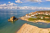 France, Pas de Calais, Côte d'Opale, Ambleteuse, the Slack dunes, Ambleteuse and its Vauban fort (aerial view)\n