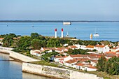 France, Charente Maritime, Aix island, lighthouse and Fort Boyard (aerial view)\n