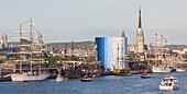 France, Seine Maritime, Rouen, Armada 2019, panoramic view on moored tall ships, with Cathedrale Notre Dame and Panorama XXL in the background\n