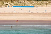 France, Vendee, Saint Gilles Croix de Vie, beach cabins on Grande Plage beach (aerial view)\n