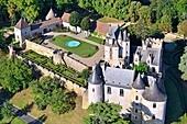 France, Dordogne, Perigord Noir, Dordogne Valley, Castelnaud la Chapelle labelled Les Plus Beaux Villages de France (The Most Beautiful Villages of France), the castle of Fayrac (aerial view)\n