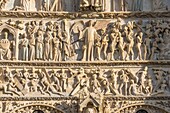 France, Cher, Bourges, Saint Etienne cathedral, listed as World Heritage by UNESCO, the west facade, portal of the Last Judgement, detail\n