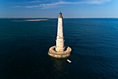 France, Gironde, Verdon-sur-Mer, rocky plateau of Cordouan, lighthouse of Cordouan, classified Historical Monuments, general view (aerial view)\n