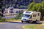 France, Vaucluse, municipality of Gordes, abbey Notre Dame de Senanque of the XIIth century? motorhome on the road D177\n