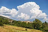 France, Hautes-Alpes, regional natural park of Baronnies provençales, Rosans, cumulus above the village\n