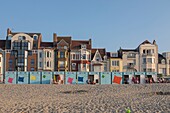 France, Nord, Malo les bains, beach huts and facades of villas waterfront\n