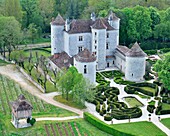 France, Lot, Caillac, Lagrezette castle where a wine of Cahors is produced and its dovecote (aerial view)\n
