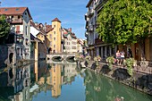 France, Haute Savoie, Annecy, the Thiou canal and the Morens bridge in the old town\n