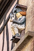 France, Morbihan, Auray, the port Saint-Goustan, the street of Petit-Port, wooden statue on old half-timbered house\n