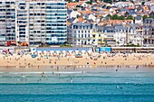 France, Vendee, Les Sables d'Olonne, the beach in summer (aerial view)\n