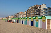 France, Nord, Malo les bains, beach huts and facades of villas waterfront\n