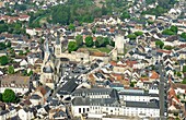 France, Essonne (91), Chevreuse valley, Dourdan, the feudal castle and the church Saint-Germain-l' Auxerrois and the feudal castle (aerial view)\n