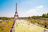 France, Paris, area listed as World Heritage by UNESCO, the Trocadero gardens in front of the Eiffel Tower, during hot days, swimming\n