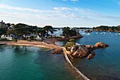 France, Cotes d'Armor, Ile de Brehat, Guerzido Beach and Cove la Chambre (aerial view)\n