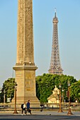 France, Paris, area listed as World Heritage by UNESCO, Concorde square with the obelisk and the Eiffel tower in the background\n