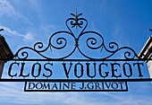 France, Cote d'Or, Vougeot, Burgundy climates listed as World Heritage by UNESCO, Cote de Nuits, sign of Clos Vougeot\n