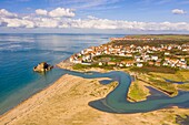 France, Pas de Calais, Côte d'Opale, Ambleteuse, the Slack dunes, Ambleteuse and its Vauban fort (aerial view)\n