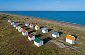 France, Manche, Cotentin, Gouville sur Mer, beach cabins (aerial view)\n