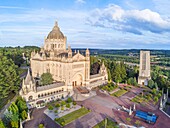 France, Calvados, Lisieux, Basilica of St Therese of Lisieux, one of the largest churches built in the 20th century (aerial view)\n