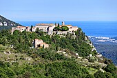 France, Alpes Maritimes, Parc Naturel Regional des Prealpes d'Azur, Gourdon, labeled Les Plus Beaux Villages de France, the coastline of the Côte d'Azur in the background\n