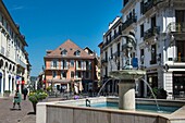 France, Savoie, Aix les Bains, Riviera of the Alps, the fountain of the flute player on the pedestrian place Carnot\n