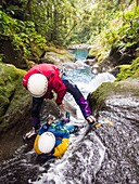 France, Caribbean, Lesser Antilles, Guadeloupe, Basse-Terre, Gourbeyre, canyoning on the blue basin trail\n