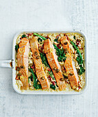 Tuscan salmon, broccolini and orzo from the oven