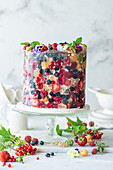 Cake decorated with summer berries, coated with jelly