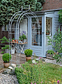 Metal arch in front of a gazebo