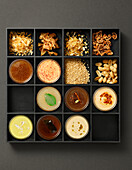 Tray with ingredients for soups
