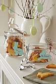 Easter decorations with cookie jars and bunny cookie cutter