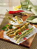 Green asparagus tempura with cucumber and soya dip