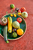 Various types of tomatoes and courgettes