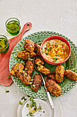 Courgette and walnut kibbeh with yellow tomato and tahini dip
