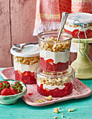 Upside down strawberry and rhubarb cheesecake jars