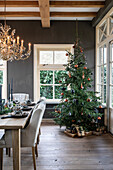 Dining room decorated for Christmas with chandelier and decorated Christmas tree