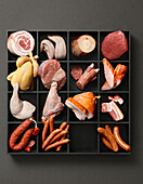 Tray with meat, poultry and sausage for stews