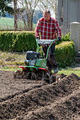 Soil preparation with hand tiller for potatoes