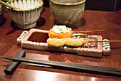 Tempura of edamame and tofu with sauces