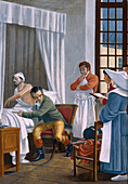 Doctor examining patient with tuberculosis, 19th century illustration