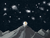 Mountain telescope and stars, conceptual illustration