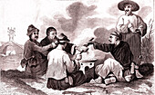 Chinese people sharing a meal, 19th century illustration