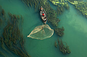 Fisherman casting net, Sirajganj, Bangladesh, aerial photograph