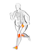 Overweight woman running with painful joints, illustration