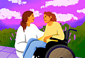 Mother talking to daughter with disability, illustration