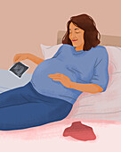 Pregnant woman smiling at baby scan, illustration