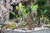 Lettuce leaves and kohlrabi leaves in jars with twigs, Easter bunny figurine and quail eggs on garden table